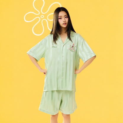 【海綿寶寶官方聯名】刺繡條紋睡衣套裝夏季居家 情侶裝