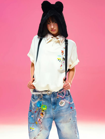 飛天小女警 × WHOOSIS 聯名｜3D印花串珠掛飾復古牛仔褲