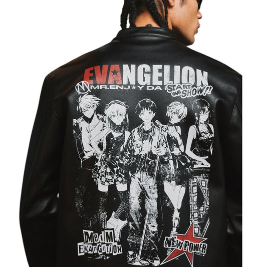 EVANGELION聯名樂團剪影印花火焰皮衣