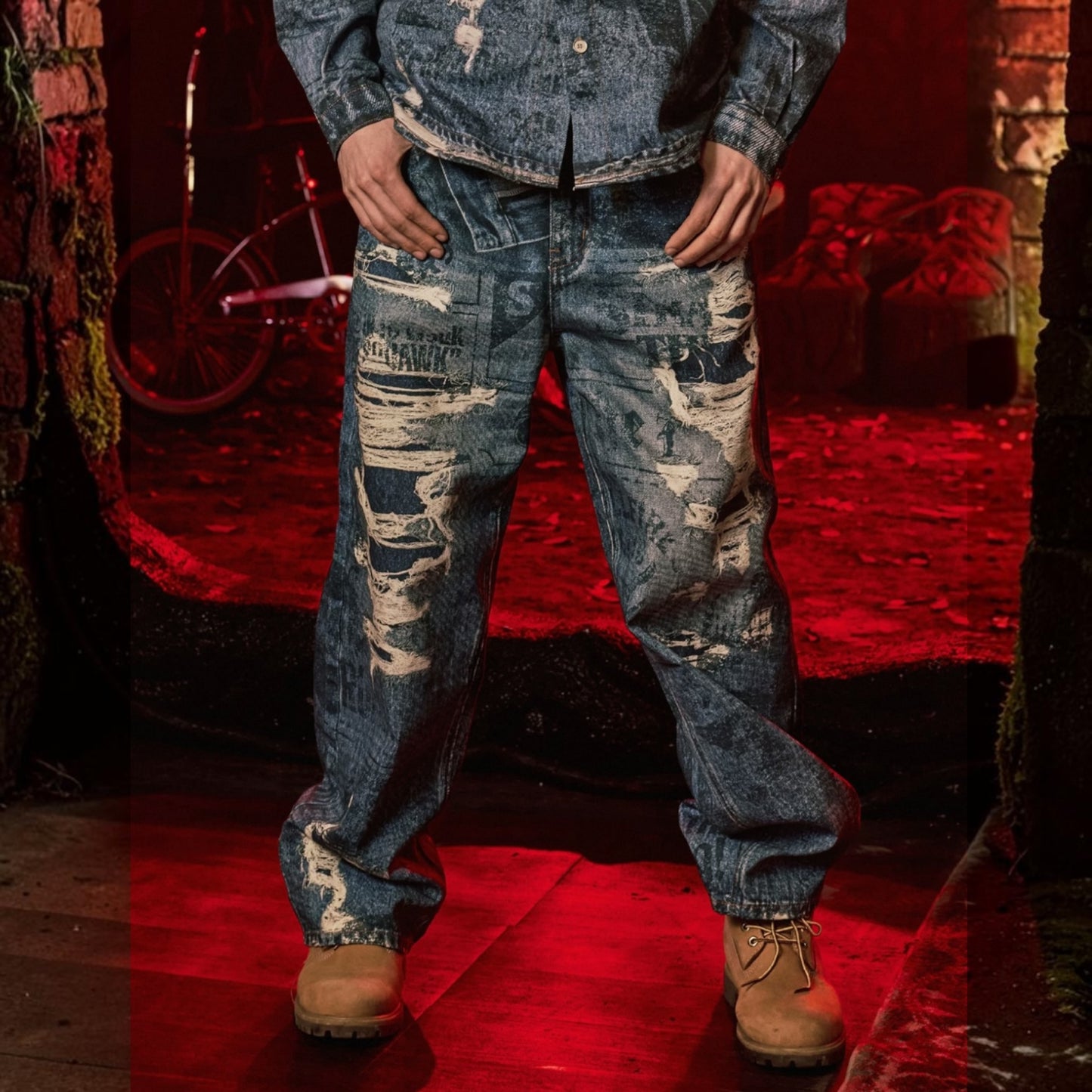 【怪奇物語聯名】報紙📰印花牛仔褲
