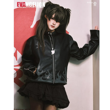 EVANGELION聯名樂團剪影印花火焰皮衣